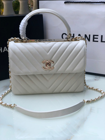Ch*el flap bag with top handle white 6.6 × 9.8 × 4.7 in