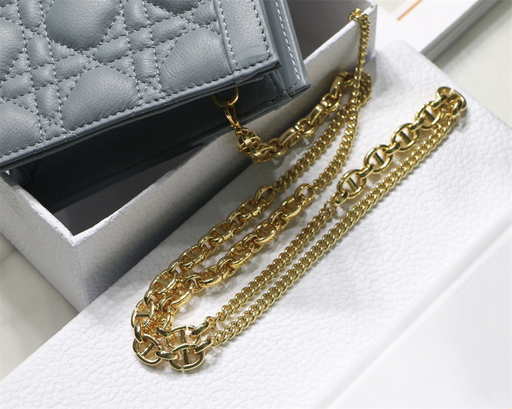 d*or caro zipped pouch with chain blue S*pple cannage calfskin 19 x 14 x 4.5 cm