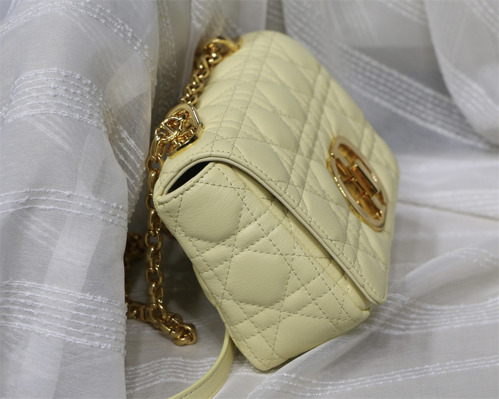 small d*or caro bag light yellow S*pple cannage calfskin 20 x 12 x 7 cm