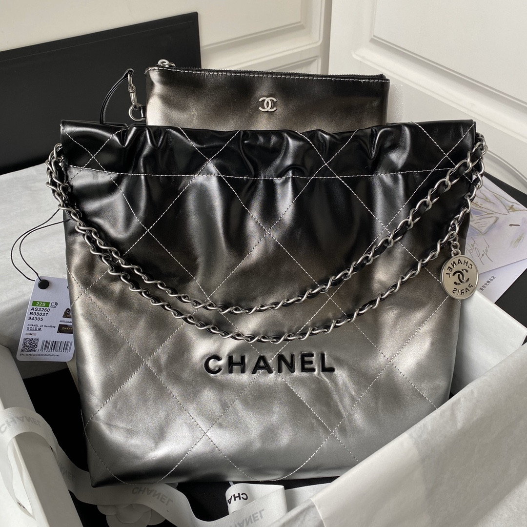 Ch*el 22 small handbag shiny calfskin silver 13.7×14.4×2.7 in
