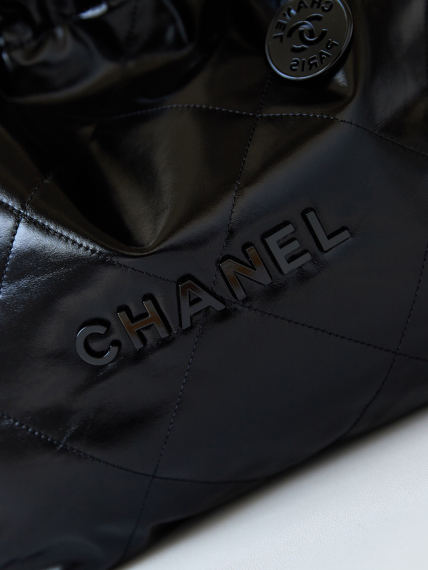 Ch*el 22 small handbag shiny calfskin all black 13.7×14.4×2.7 in