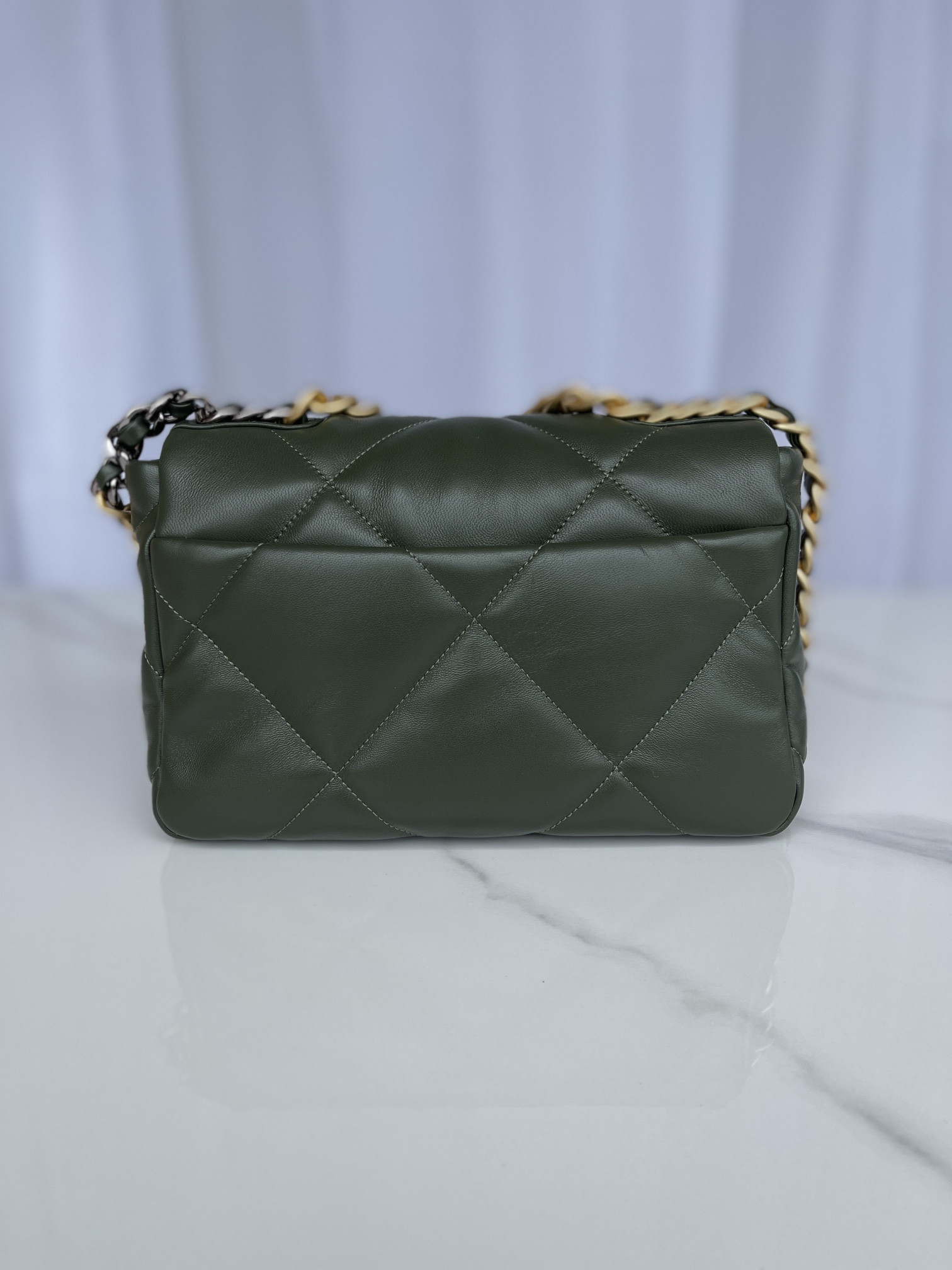 Ch*el 19 handbag shiny leather, gold-tone, silver-tone & ruthenium-finish metal dark green 6.2 × 10.1 × 3.5 in
