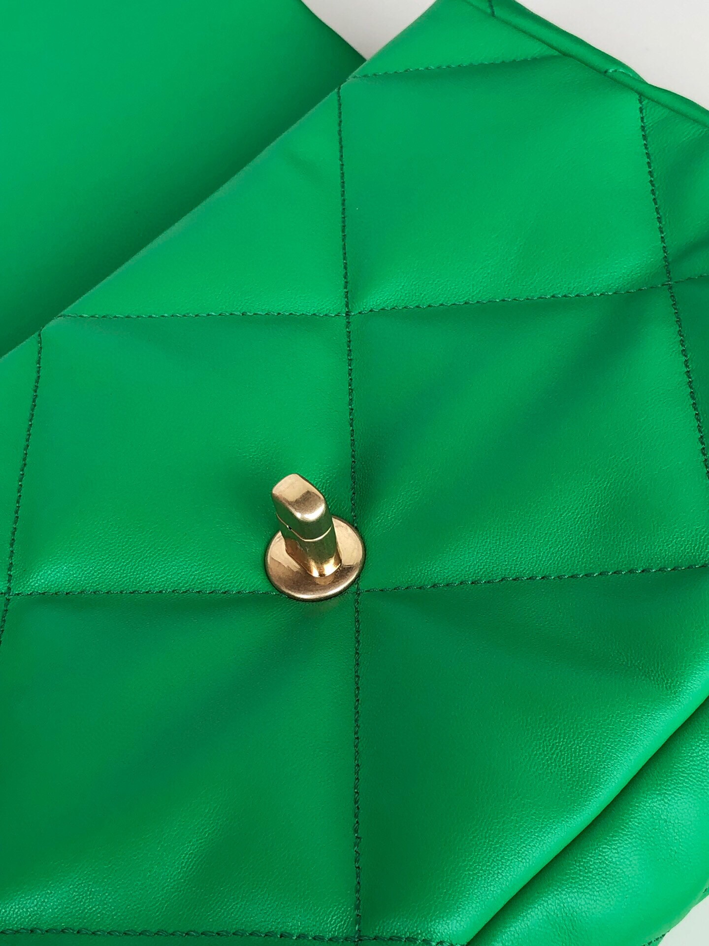 Ch*el 19 large handbag shiny leather, gold-tone, silver-tone & ruthenium-finish metal green 7.8 × 11.7 × 3.9 in