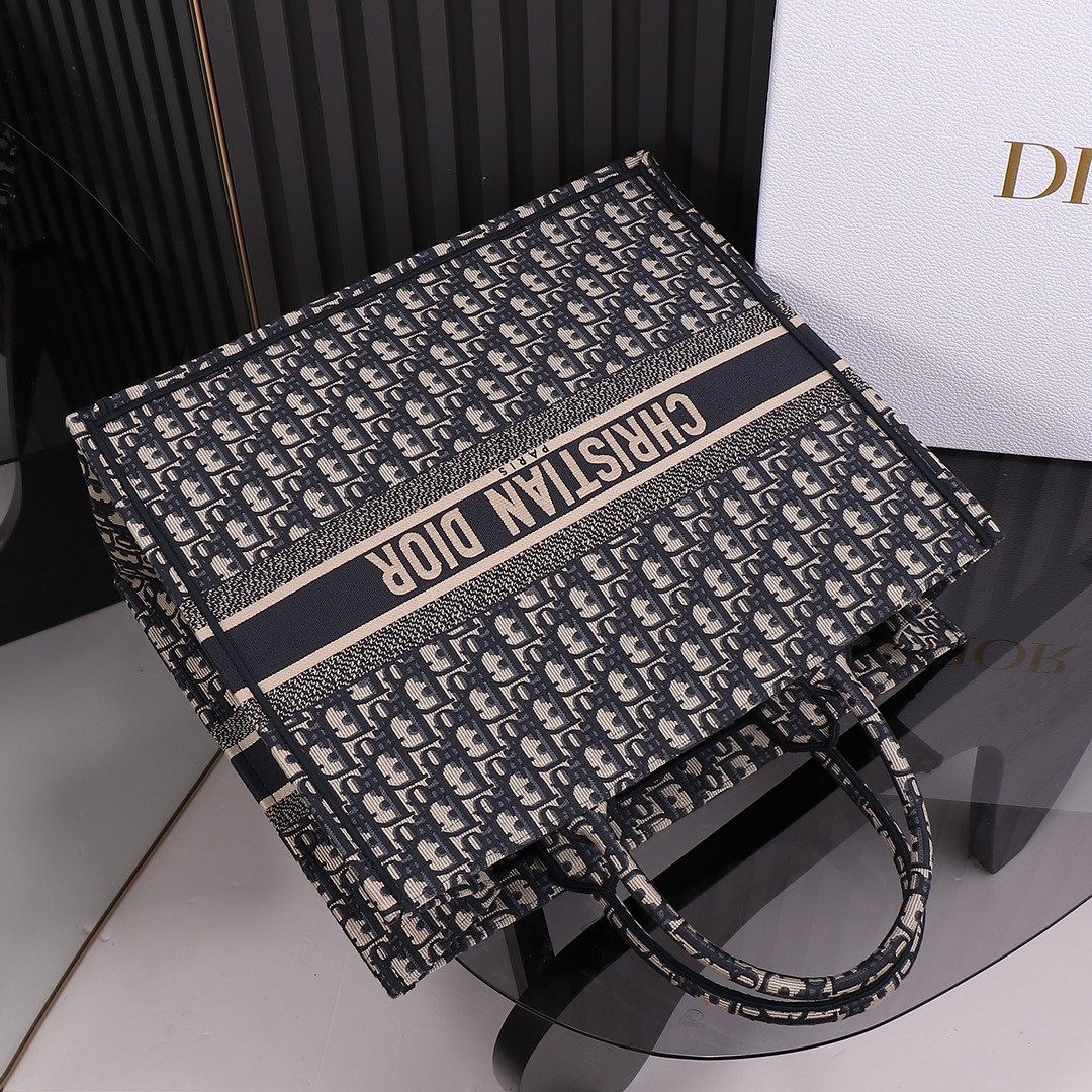 large D*or book tote  ecru and blue D*or oblique embroidery 16.5 x 14 x 7.5 inches