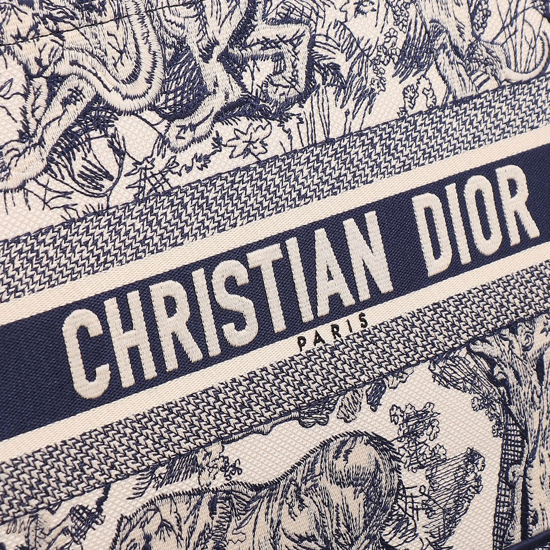 medium D*or book tote  ecru and blue toile de jouy embroidery 14 x 11 x 6.5 inches