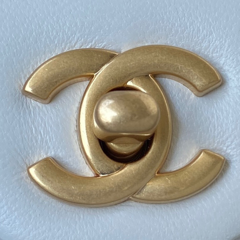 Ch*el mini flap bag shiny calfskin & gold-tone metal white 5.3 × 6.6 × 3.1 in