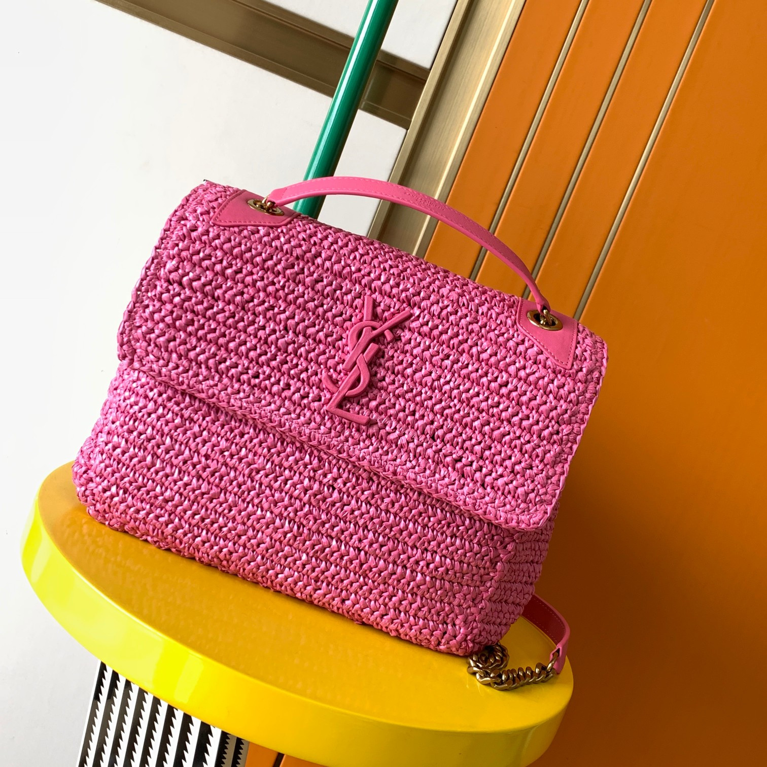 Y*L niki medium chain bag in raffia and leather 11 x 7.8 x 3.3 inches