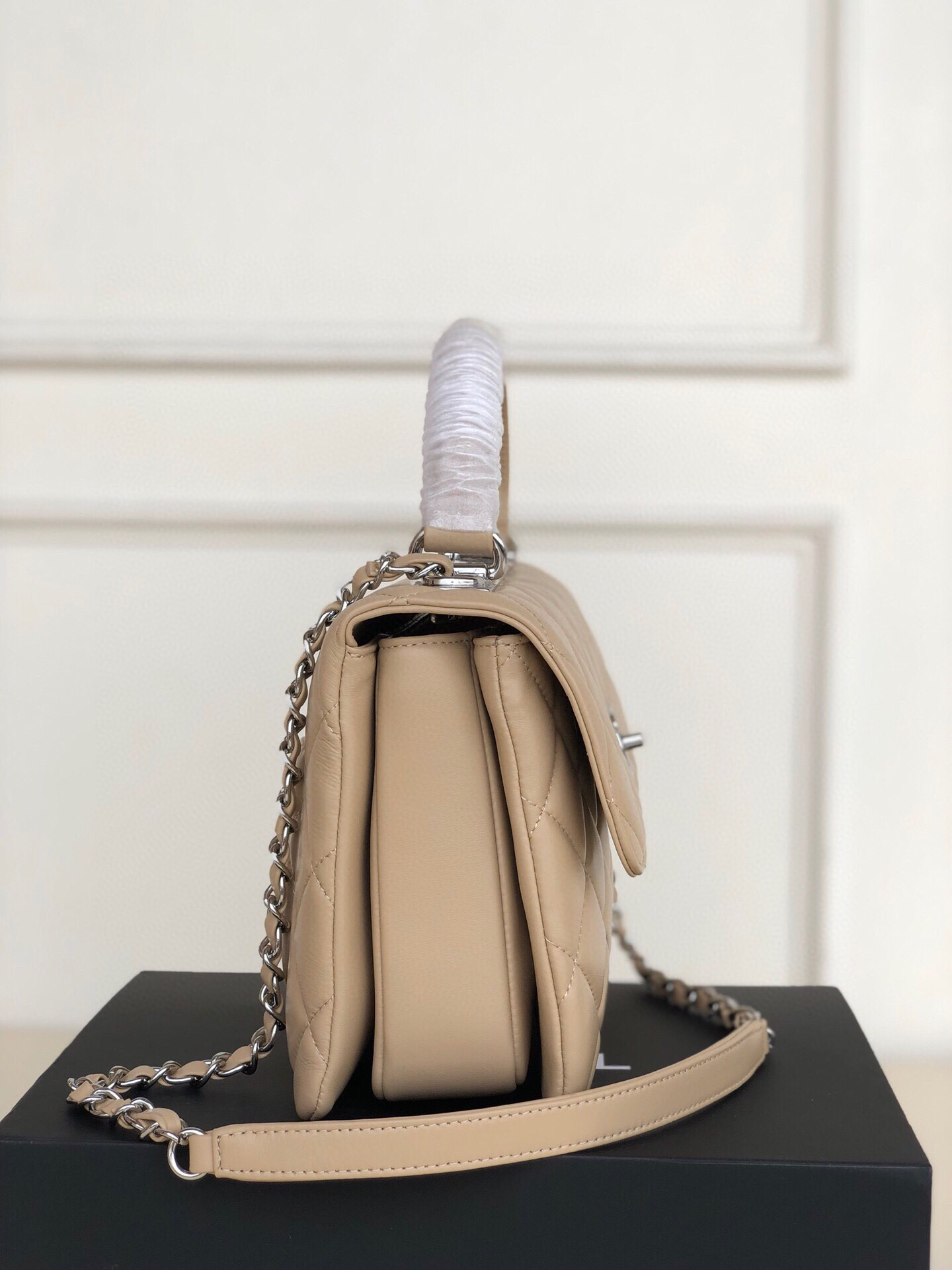 Ch*el flap bag with top handle 6.6 × 9.8 × 4.7 in