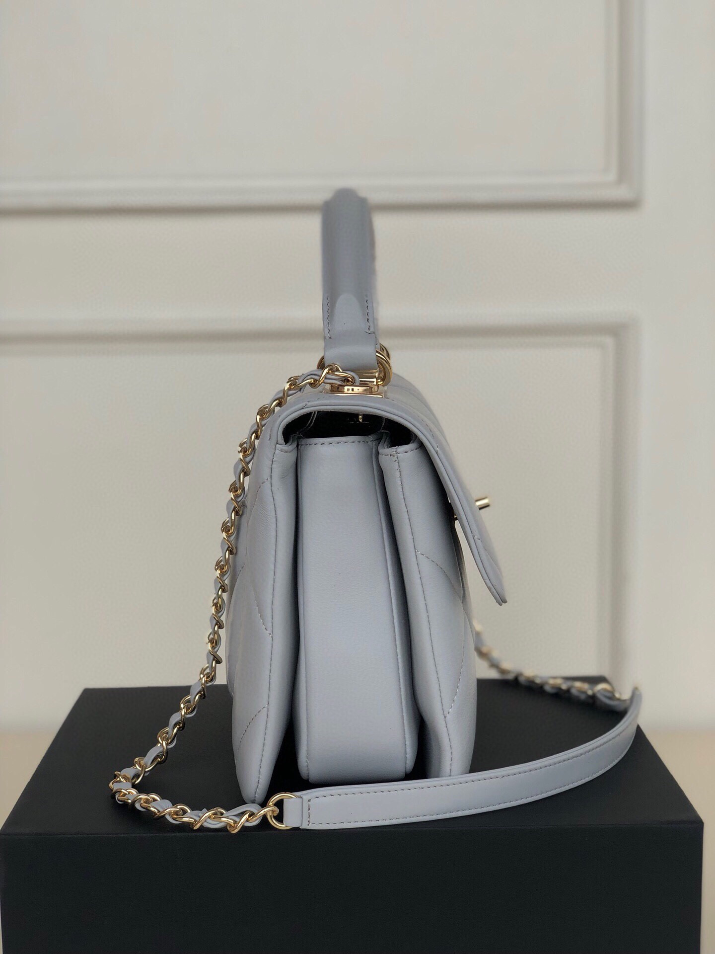 Ch*el flap bag with top handle 6.6 × 9.8 × 4.7 in