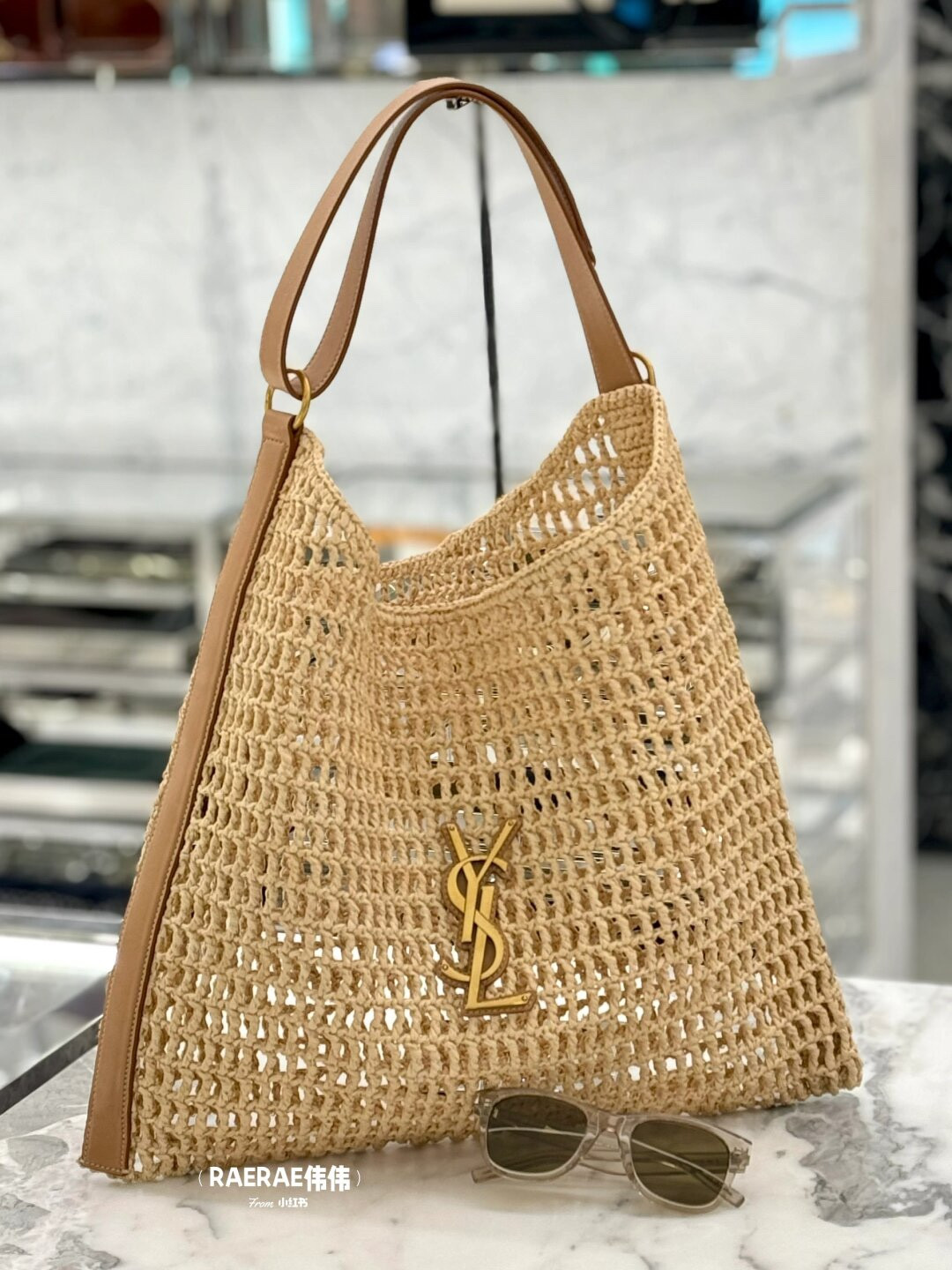 Y*L oxalis bag in raffia macramÉ  color natural 14.6x15.7x1.2inches